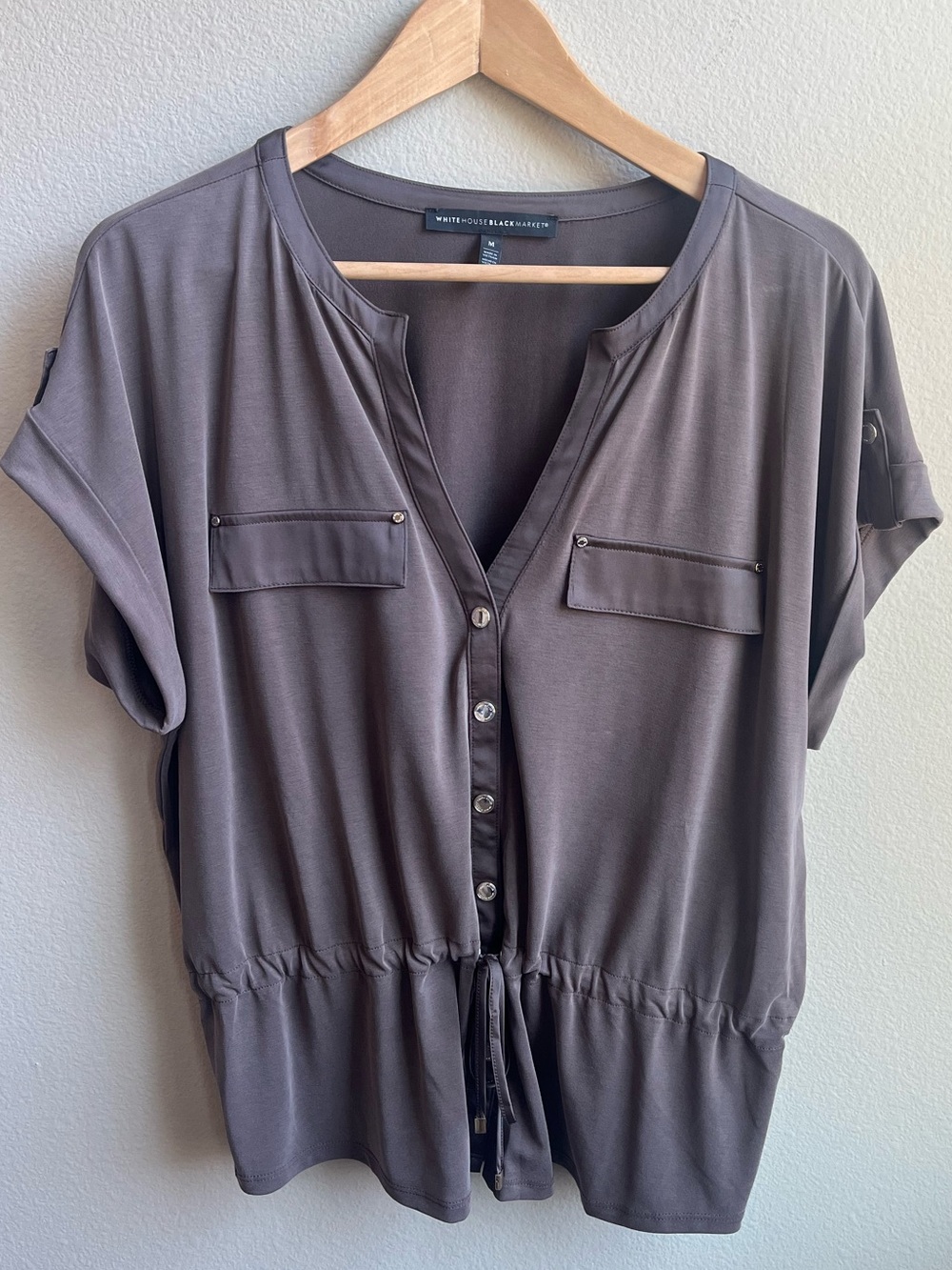 Short Sleeve Drawstring Utility Tunic Blouse - Taupe Brown Office Chic - Picture 3 of 6